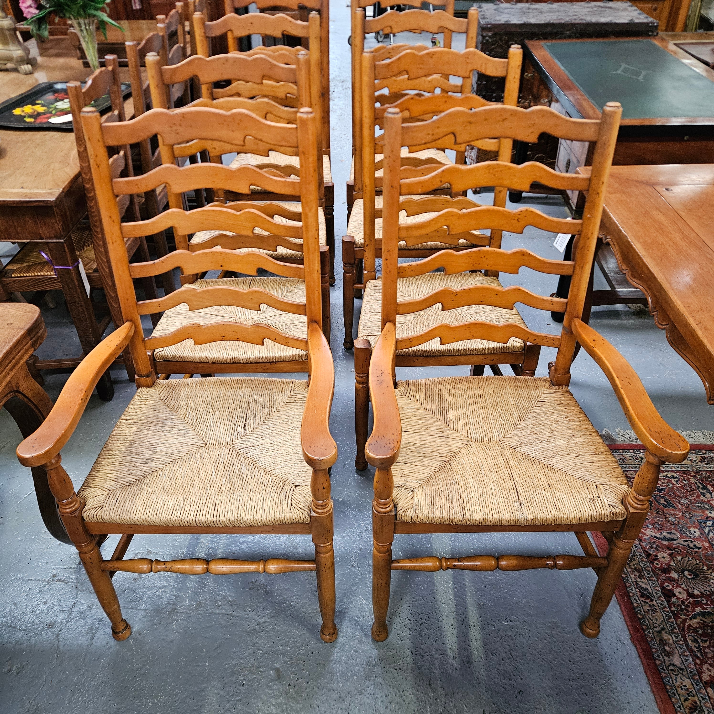 Vintage Set of 8  Beech Wood Ladderback Rush Seated Dining Chairs