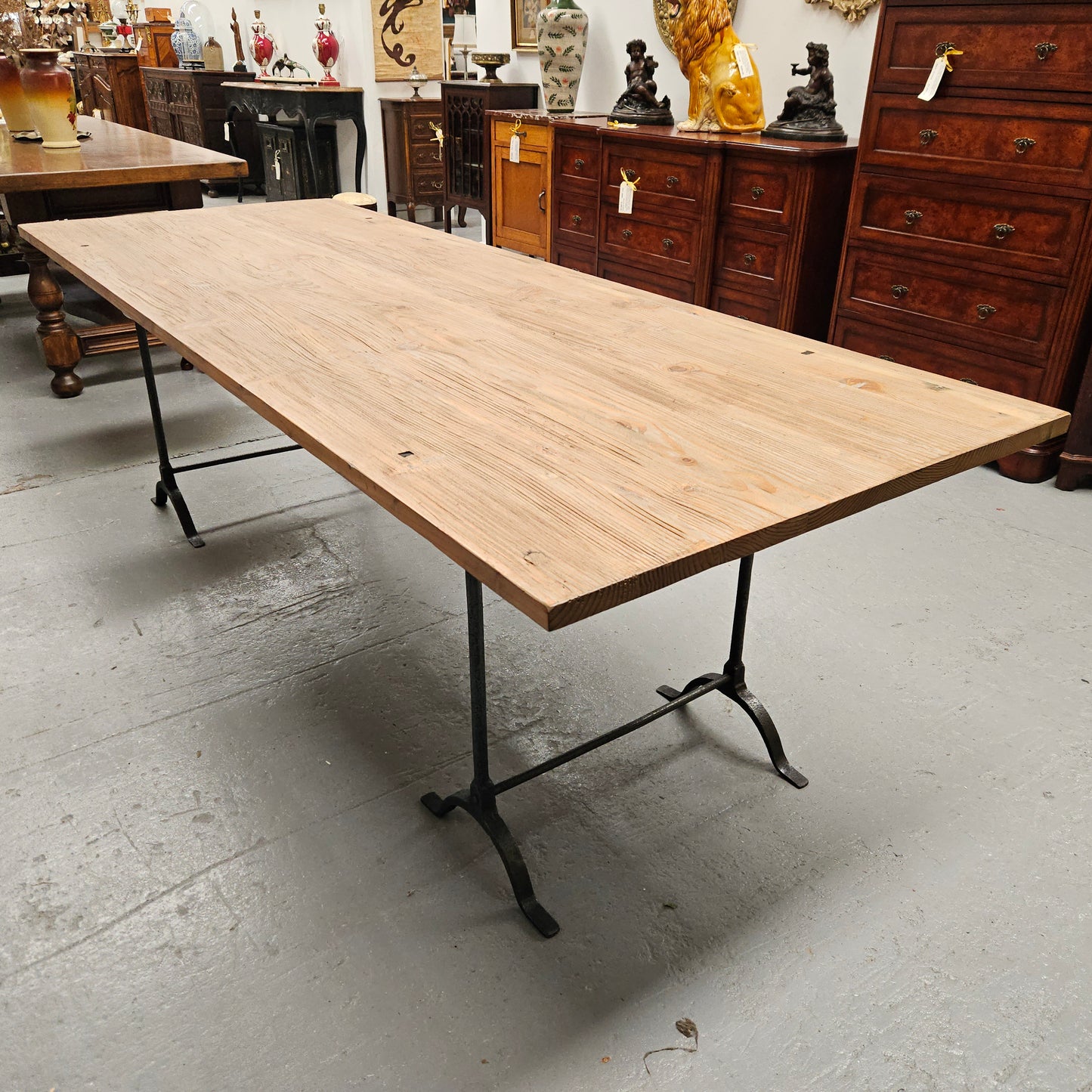 Trestle Dining Table With Reclaimed Pine Top And Antique Wishbone Industrial Iron Legs