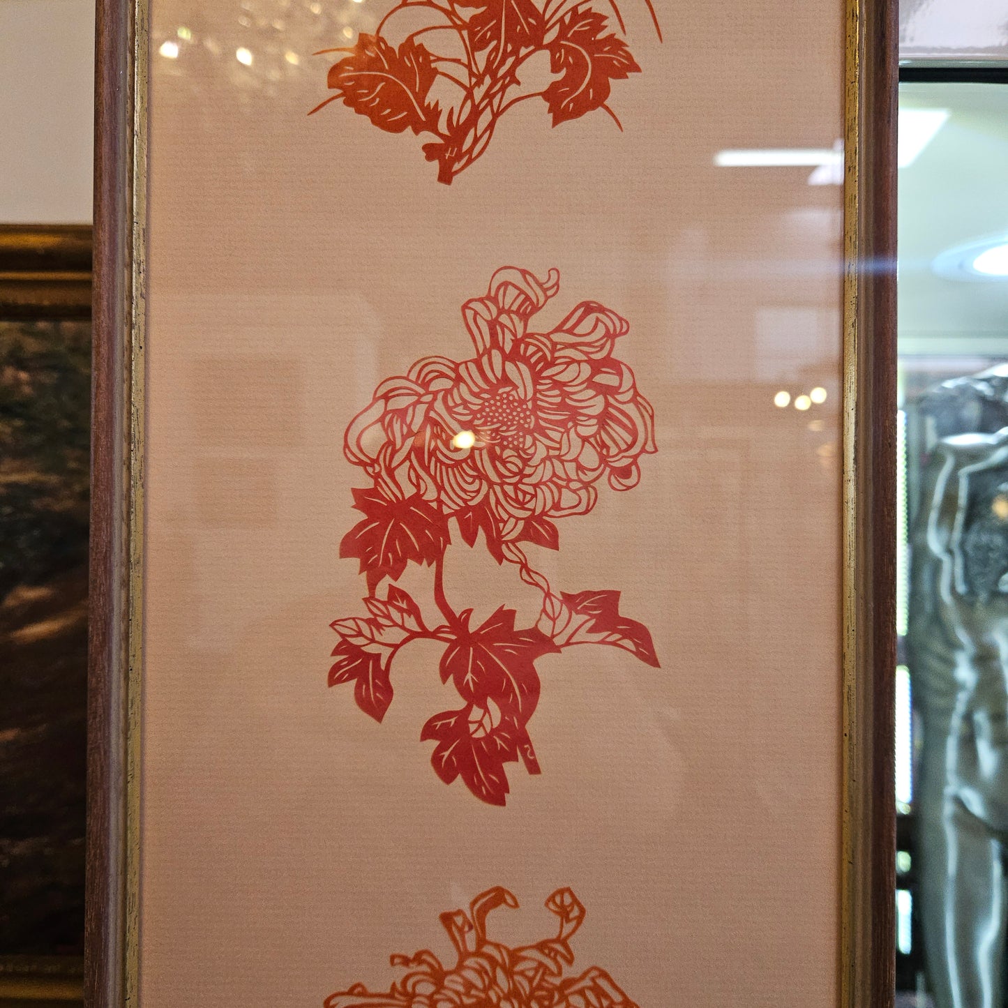 Oriental Finely Cut Paper Chrysanthemums Framed Decoration