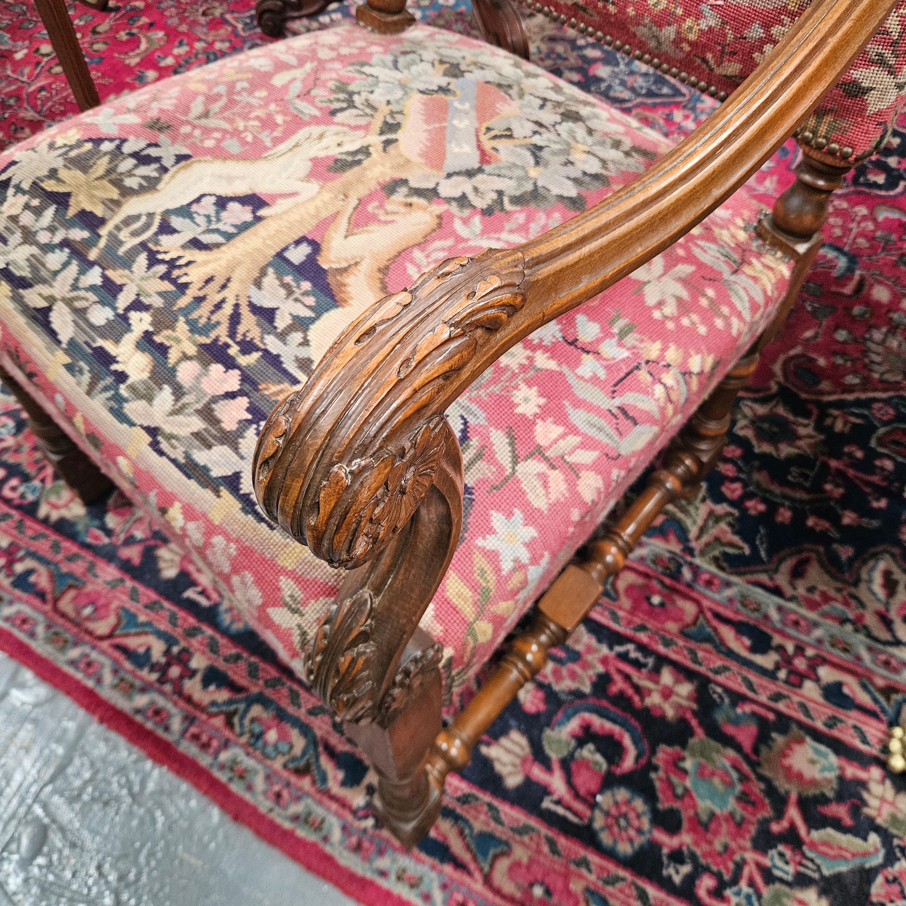French 19th Century Walnut & Tapestry Fireside / Throne Chair | Antique & Vintage | Moonee Ponds Antiques | Australia Wide Delivery