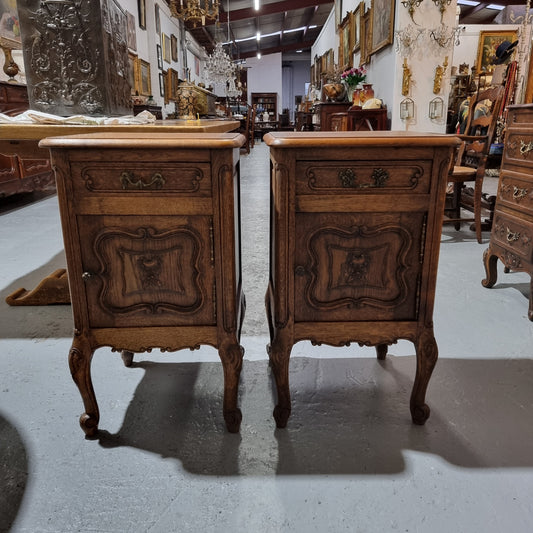 Hard to Find Pair of Antique French Louis XV Style Wooden Top Bedsides