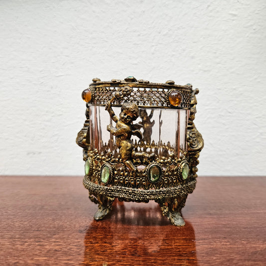 Vintage Brass Filigree Cherub & Stone Decorated Jar With Pink Glass Pin Holder
