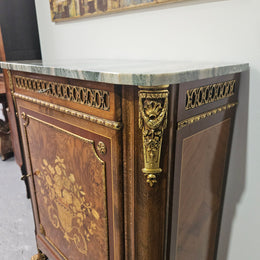 French Walnut Louis XV Style Marble Top Marquetry Inlaid Side Cabinet