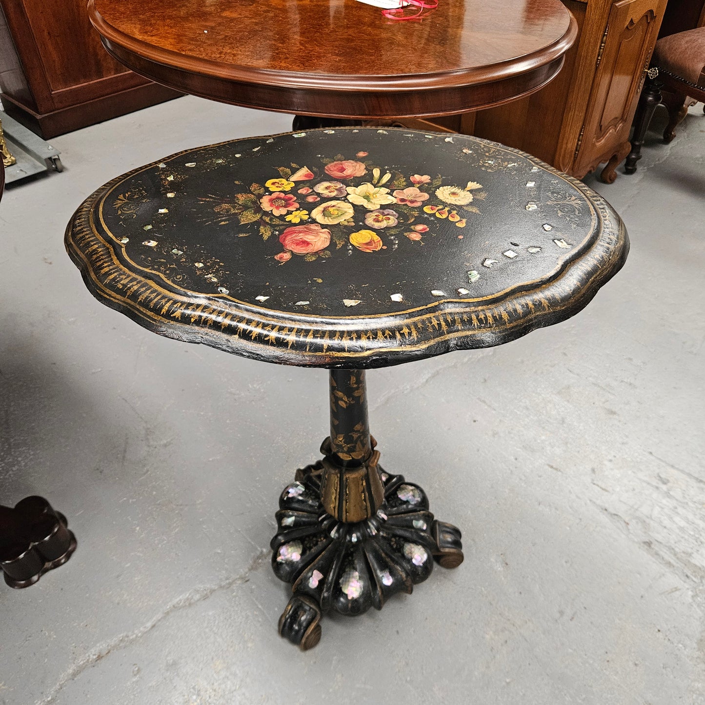 Victorian Tilt Top Paper Mache Inlaid & Hand Painted Table