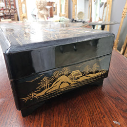 Vintage Japanese Lacquer , Abalone Shell & Gilt Painted  Musical Jewellery Box
