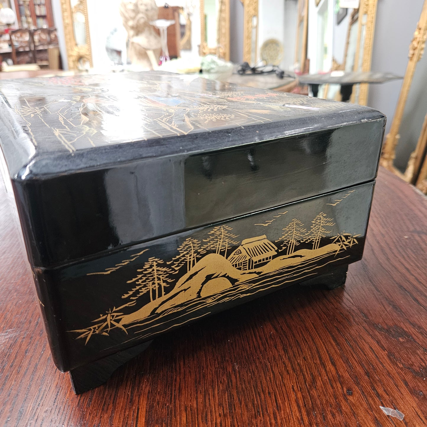 Vintage Japanese Lacquer , Abalone Shell & Gilt Painted  Musical Jewellery Box