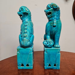 Pair of Vintage Chinese Turquoise Glazed Guardian Foo Dogs