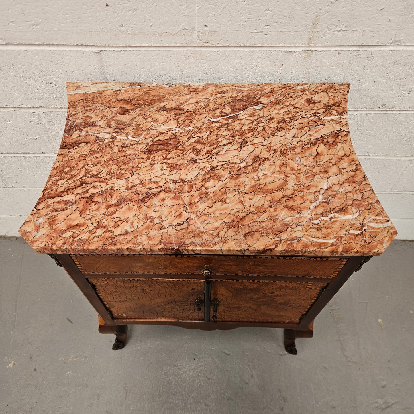 French Burr Walnut & Walnut Marble Top Side Cabinet