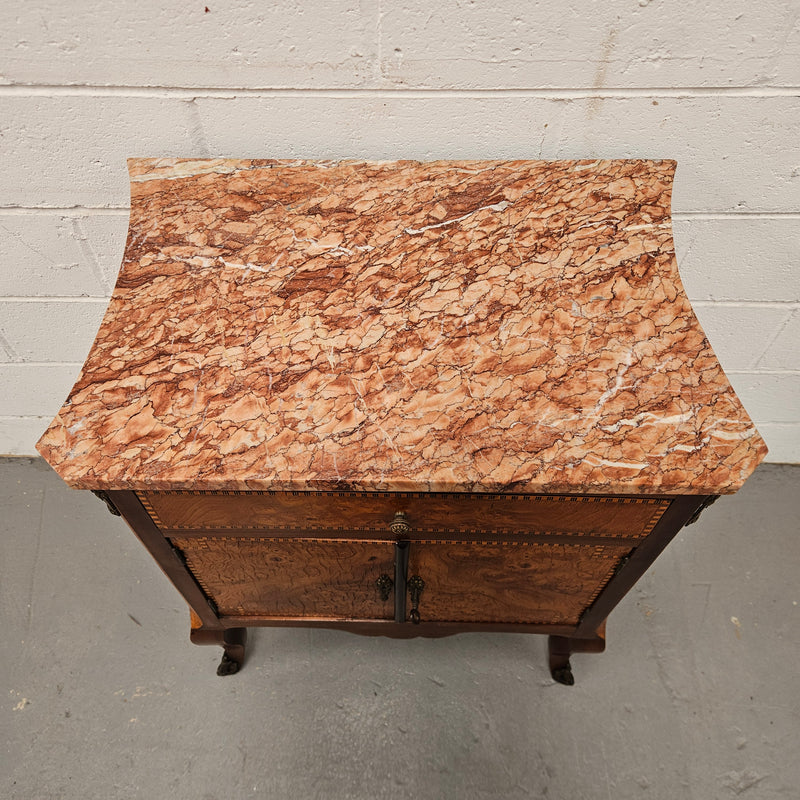 French Burr Walnut & Walnut Marble Top Side Cabinet