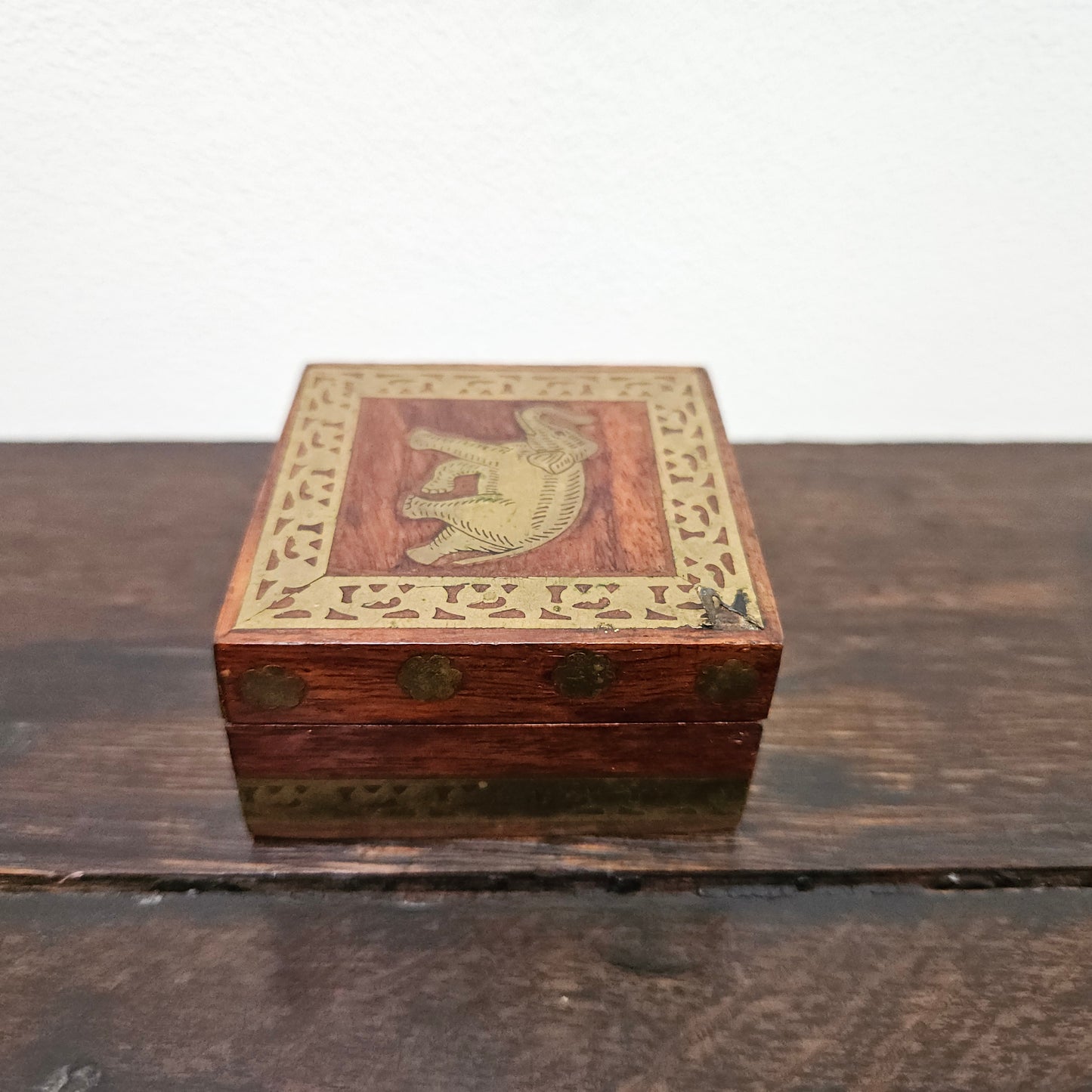 Vintage Brass Inlaid Wooden Hinged Trinket Box