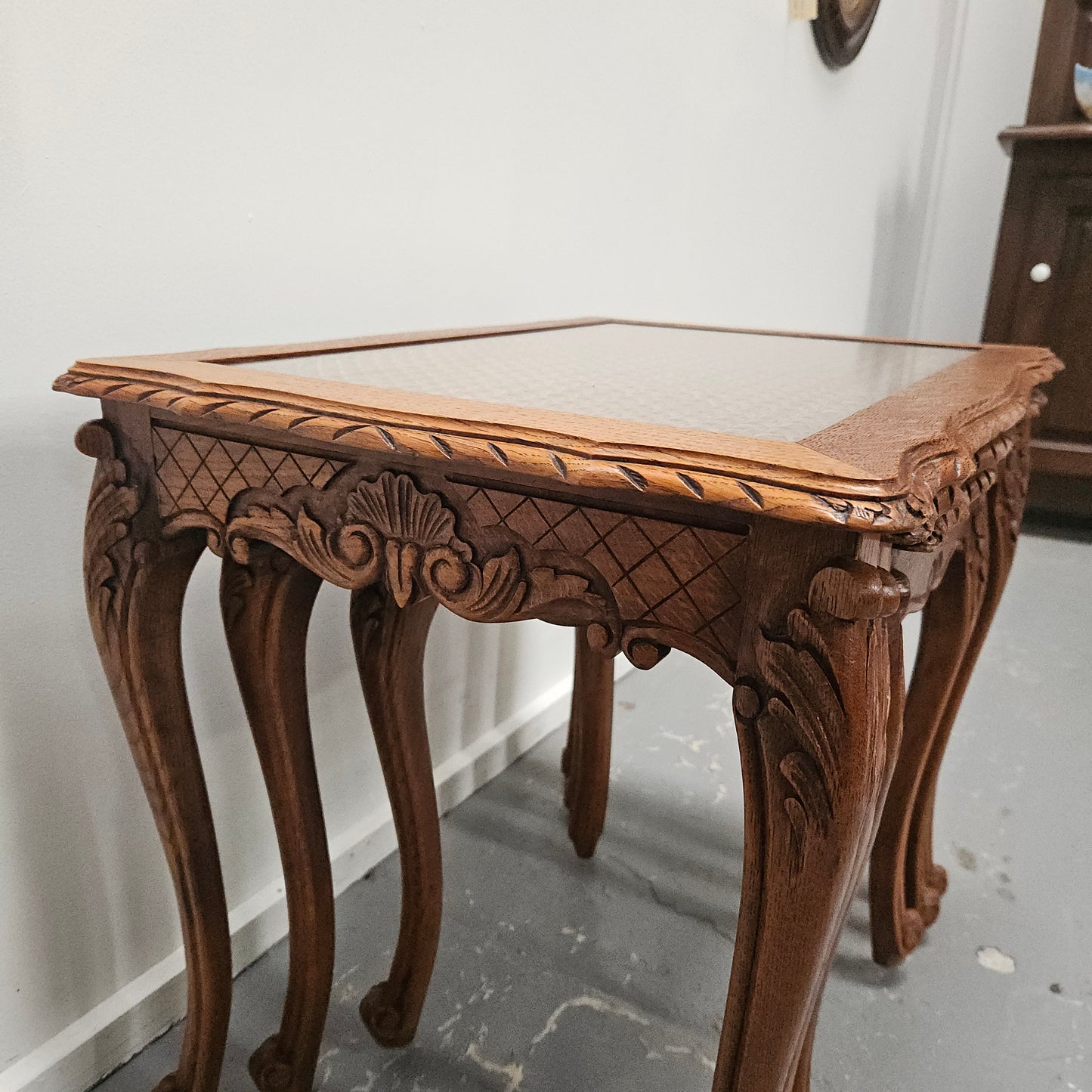 French Oak Three Piece Nest of Tables With Cane Inserts