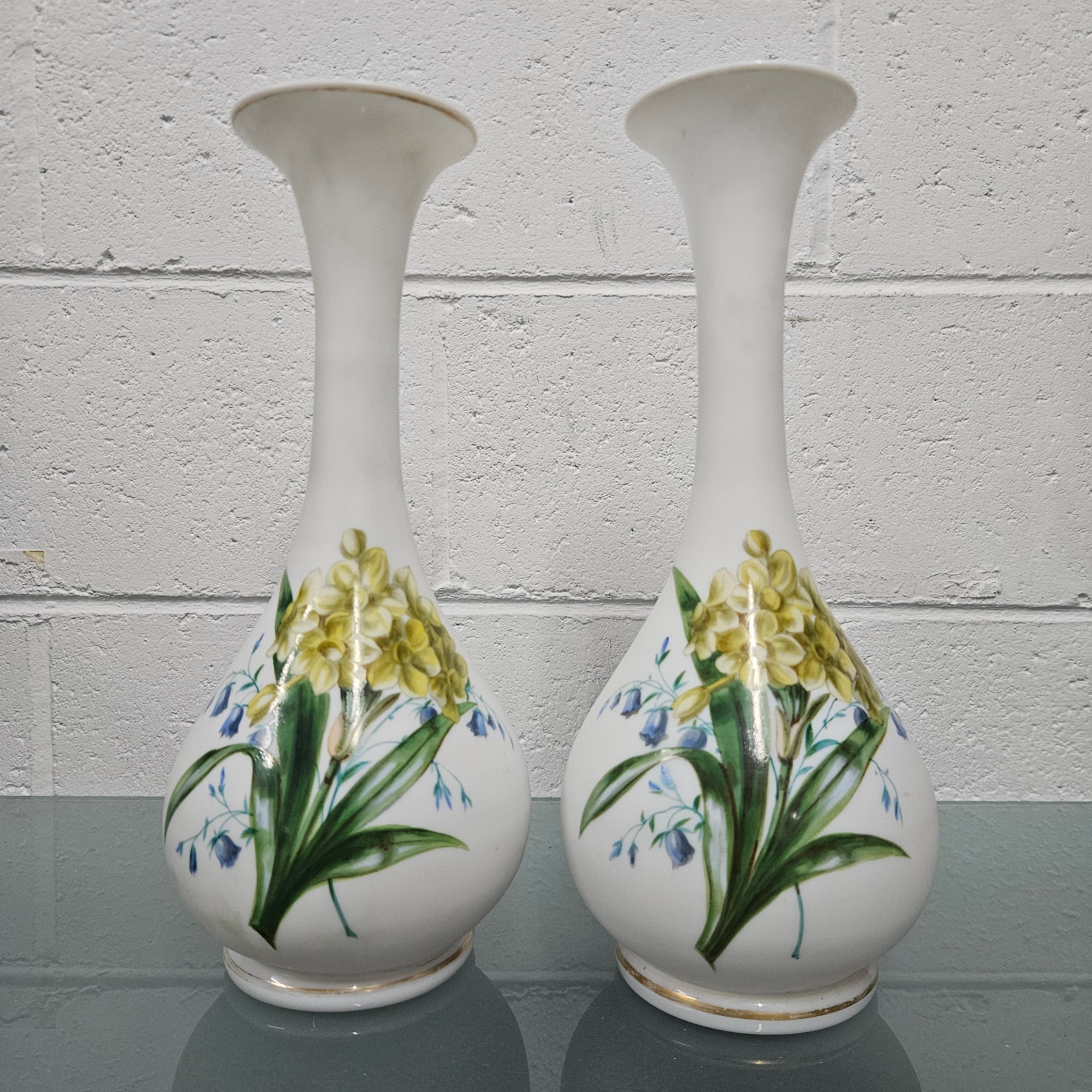 Pair Of Hand Painted Antique Milk Glass Vases Featuring Daffodils