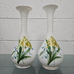 Pair Of Hand Painted Antique Milk Glass Vases Featuring Daffodils | Antique & Vintage | Moonee Ponds Antiques | Australia Wide Delivery