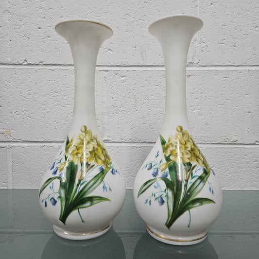 Pair Of Hand Painted Antique Milk Glass Vases Featuring Daffodils