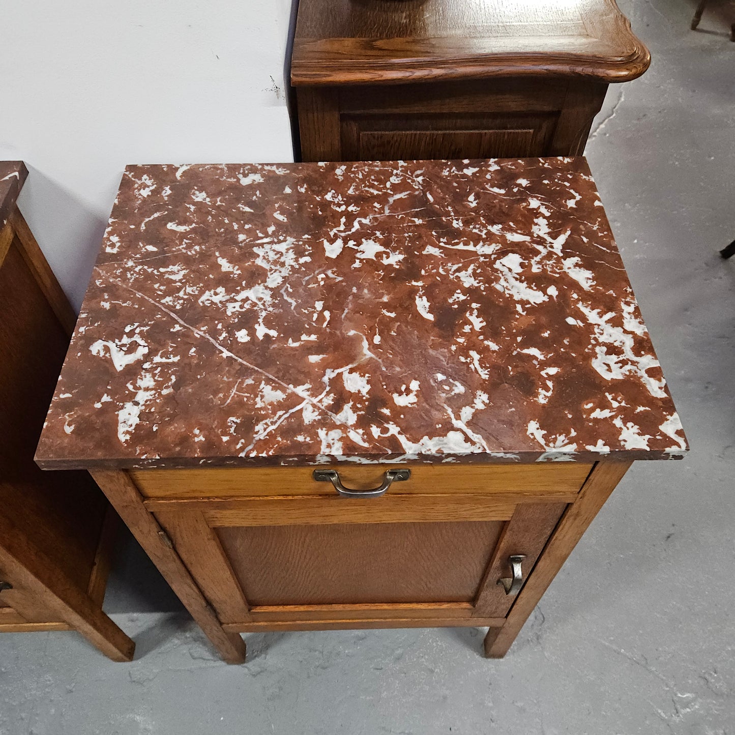 Compact Oak Marble Top Side Cabinet With Drawer