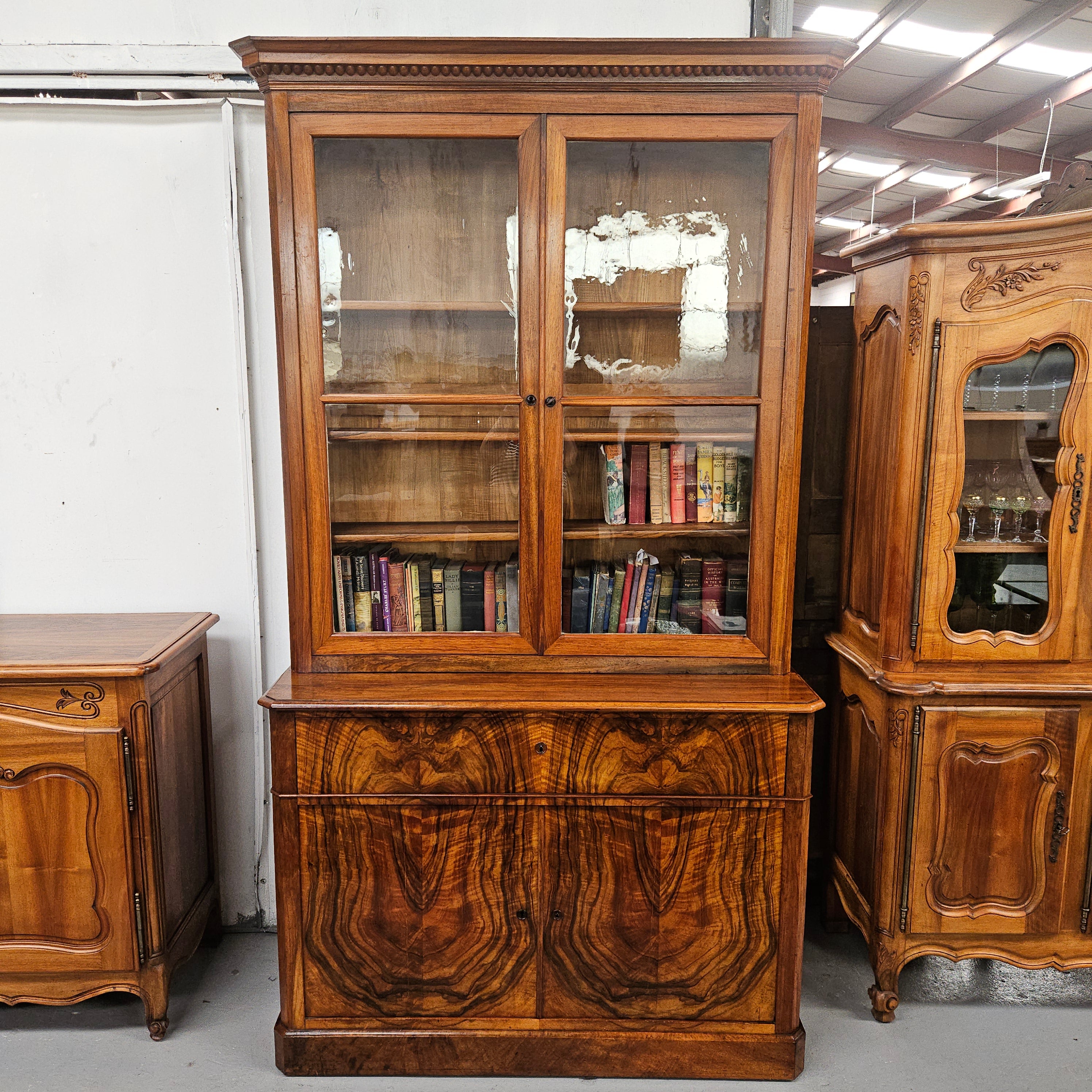19th Century French Figured Walnut Two Door Bookcase Secretaire | Antique & Vintage | Moonee Ponds Antiques | Australia Wide Delivery