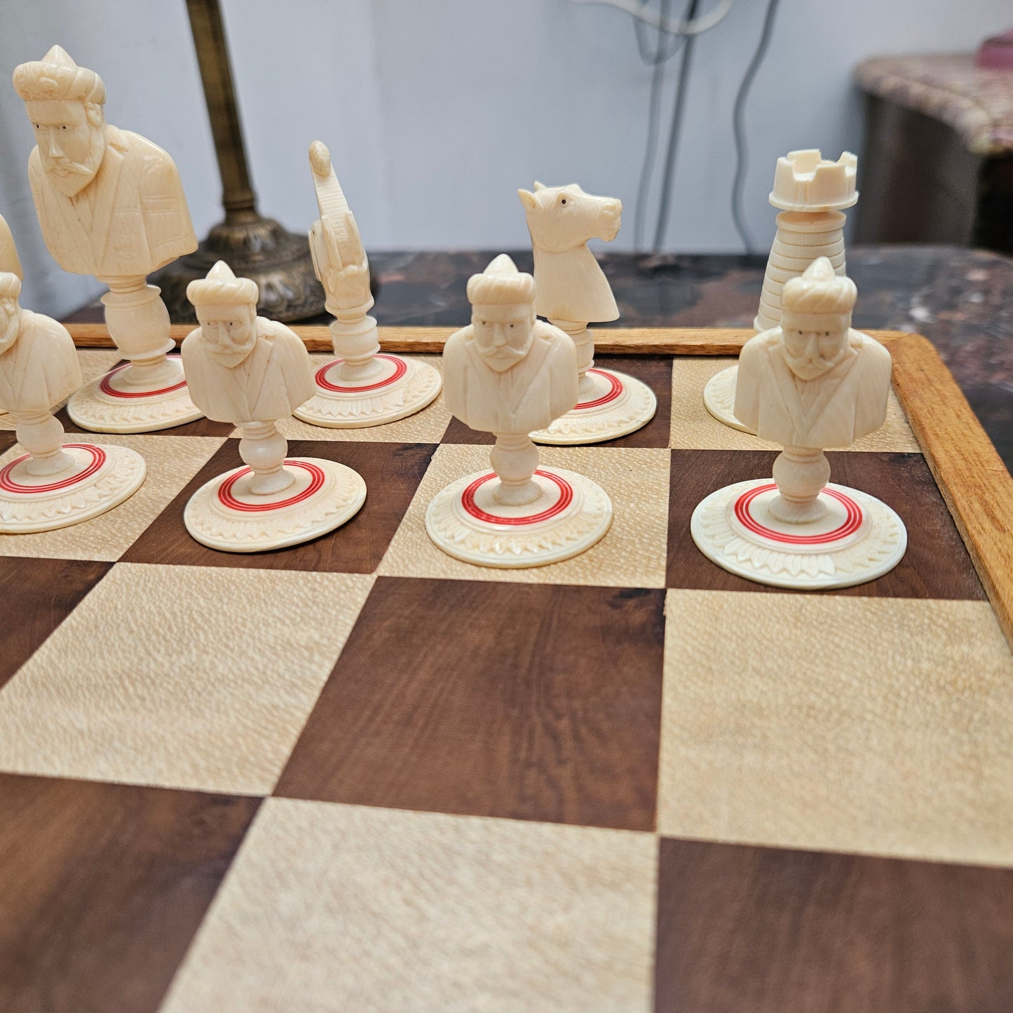 Antique Carved & Stained Ivory Chess Set