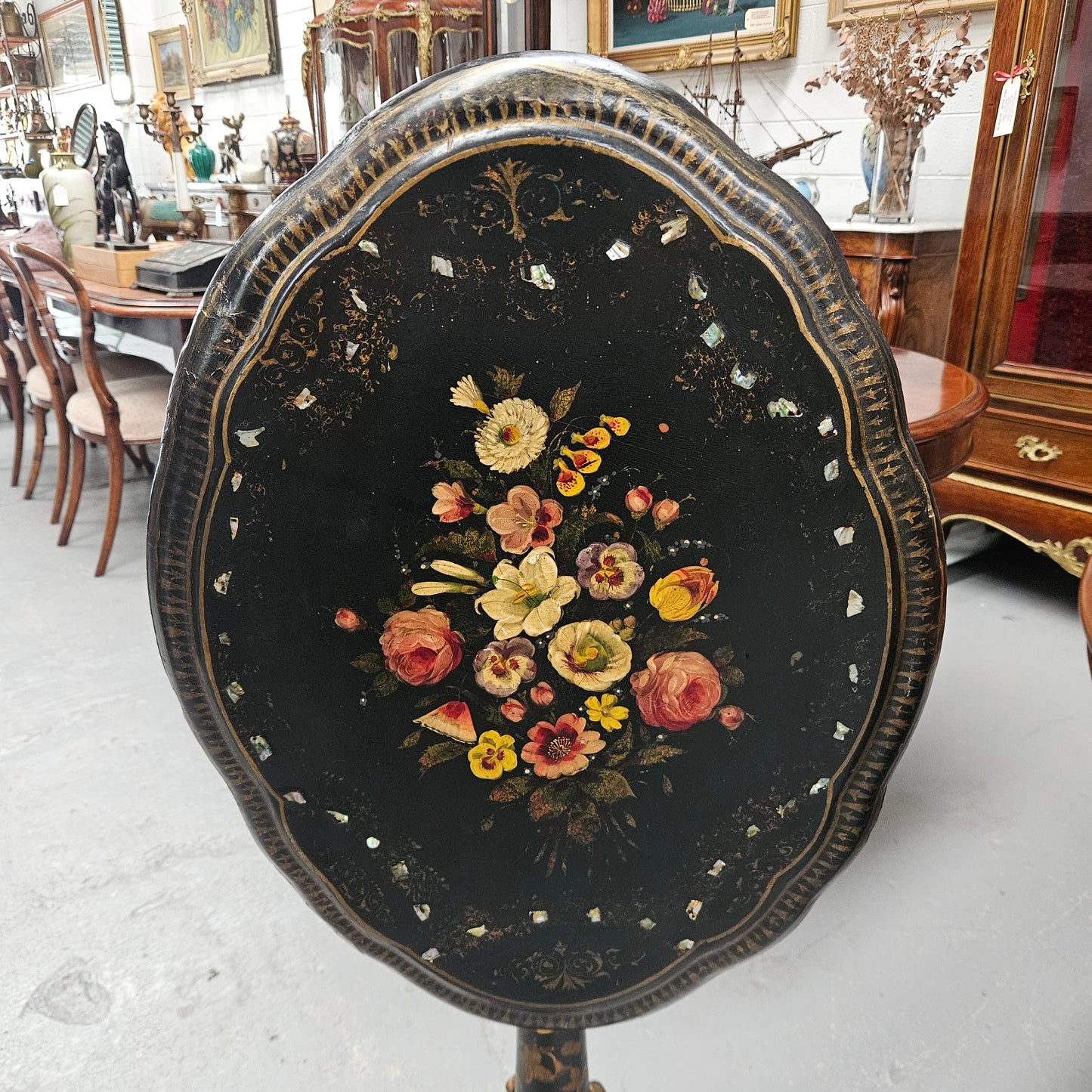 Victorian Tilt Top Paper Mache Inlaid & Hand Painted Table