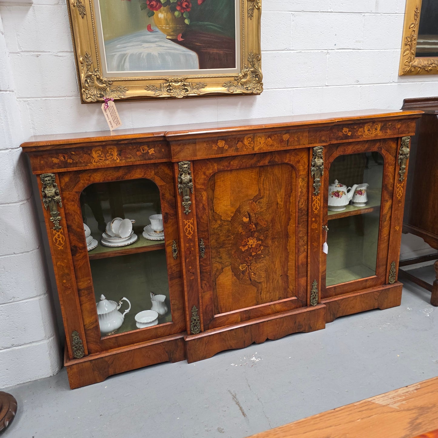 Outstanding Burr Walnut & Marquetry Antique Bookcase Credenza