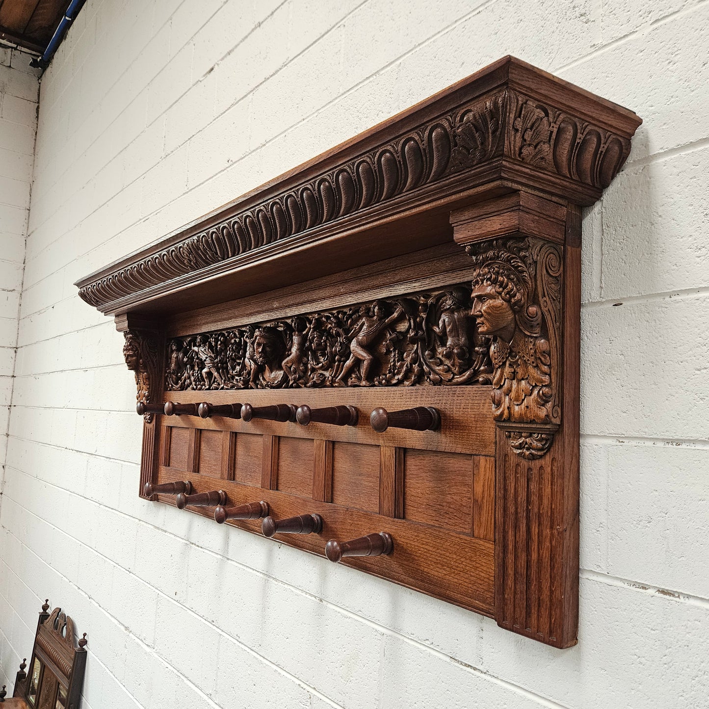 Antique Australian Oak Carved Large Hat Rack