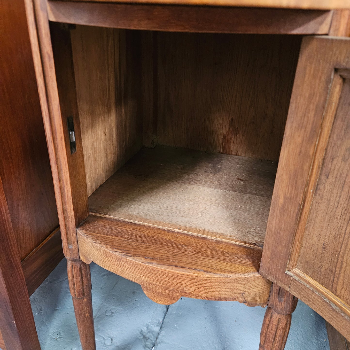 French Figured Burr Walnut & Oak Marble Top Bedside Cabinet