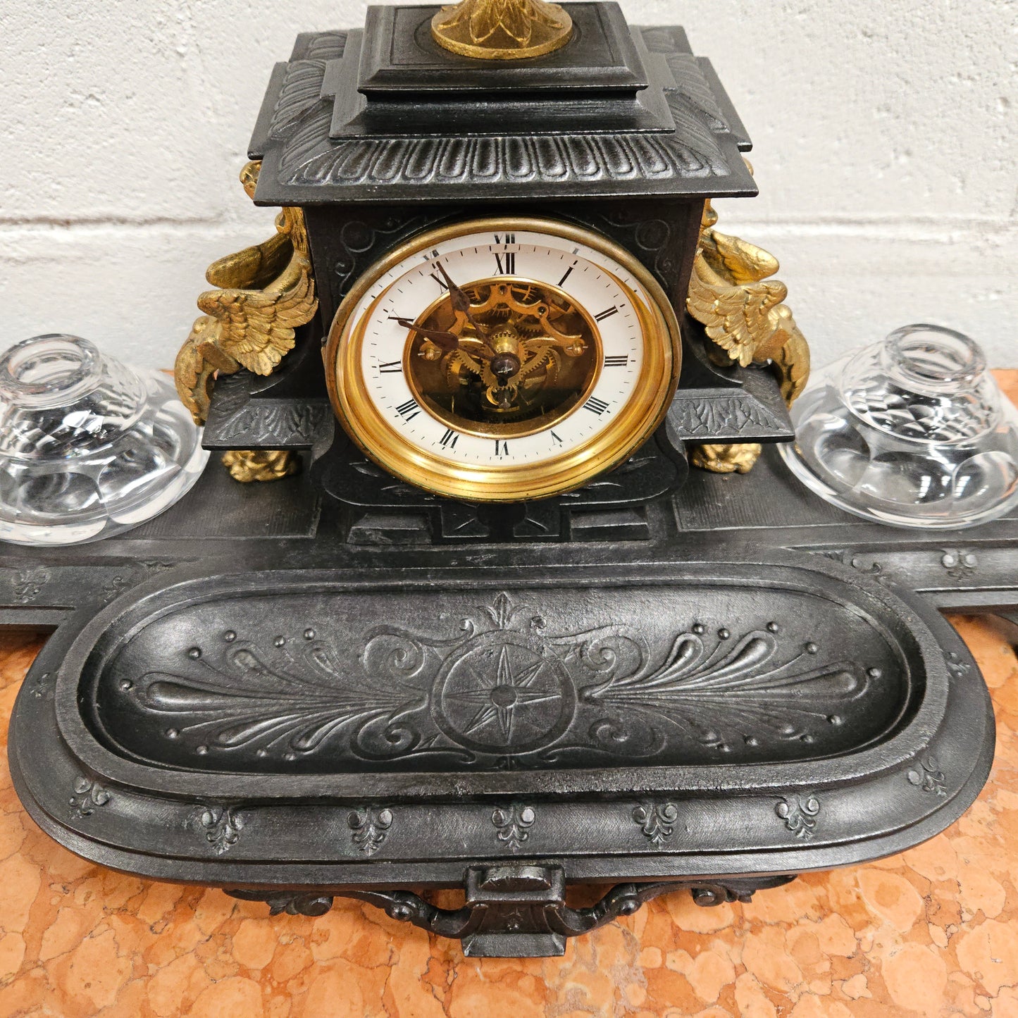 French Desk Clock With Inkwells