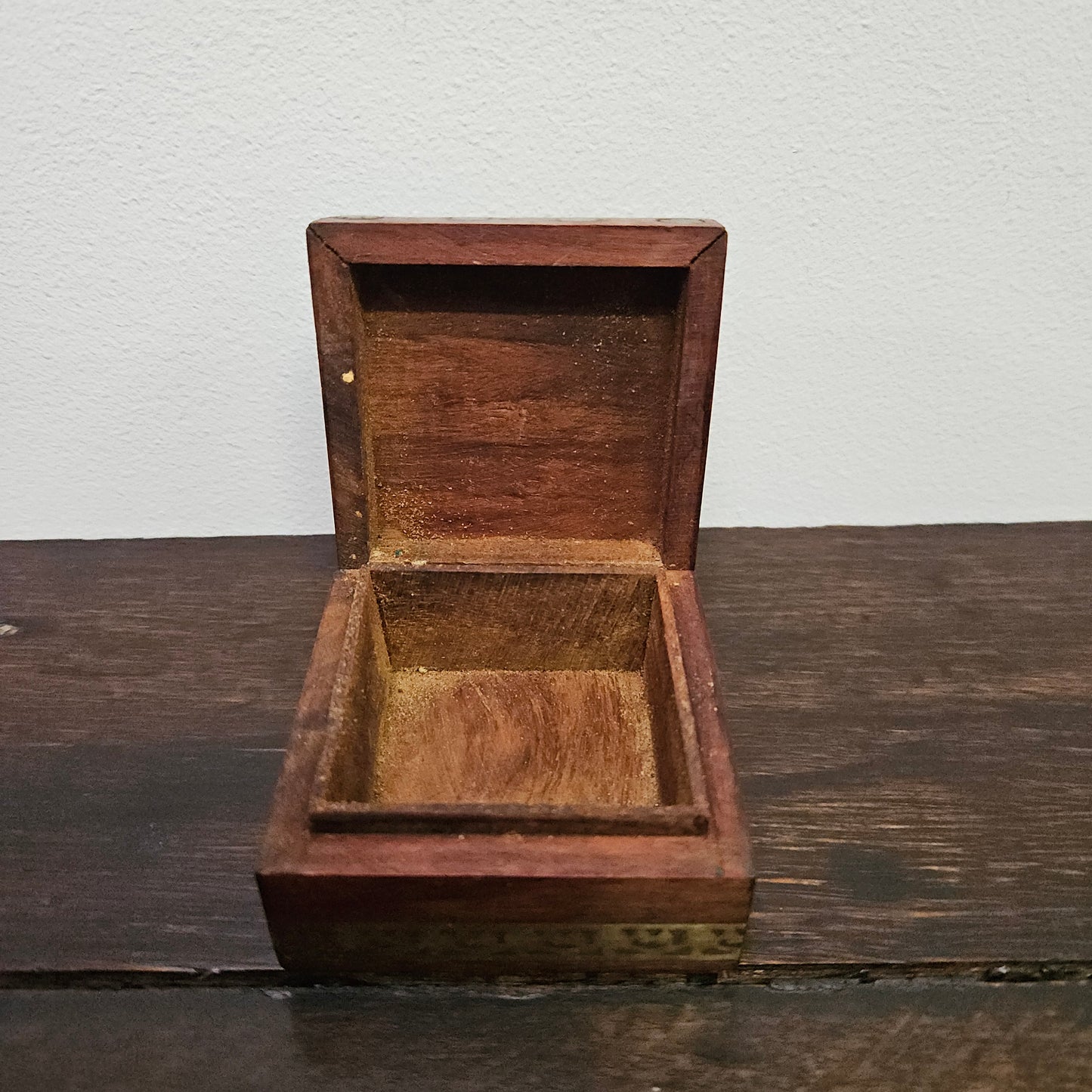 Vintage Brass Inlaid Wooden Hinged Trinket Box