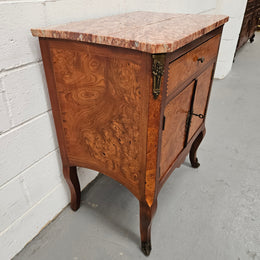 French Burr Walnut & Walnut Marble Top Side Cabinet