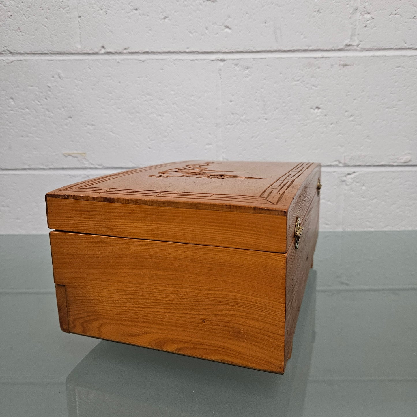 Vintage Chinese Maple Jewellery Box With Hand Carvings