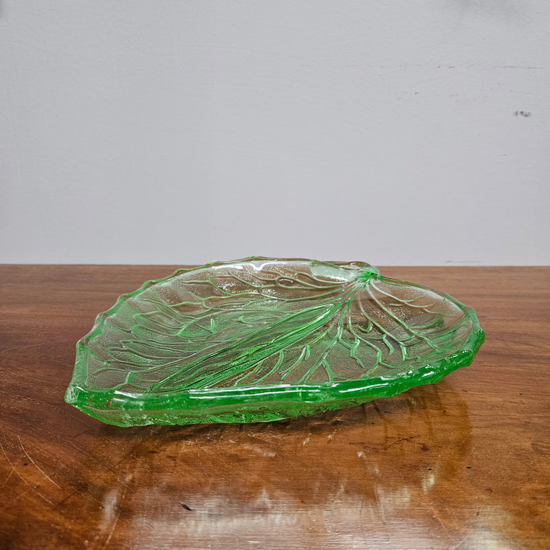 Vintage Bagley Uranium Green Glass Leaf Dish