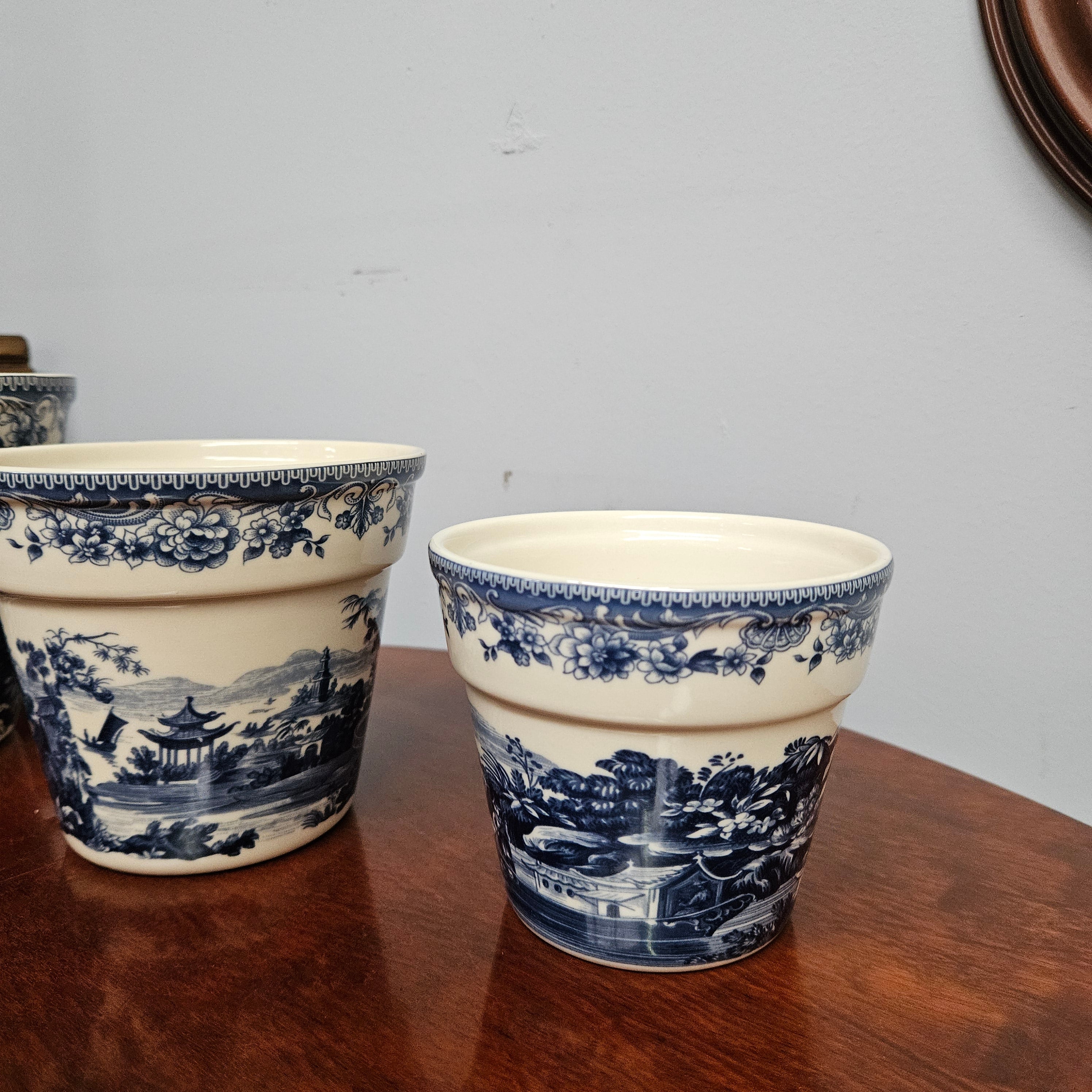 Vintage Set of Three Blue & White Planters