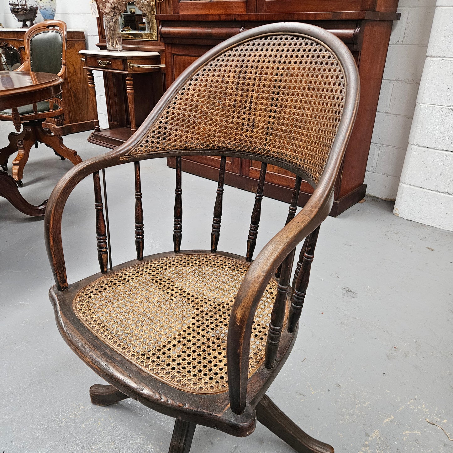 Antique Cane & Oak Office Desk Chair