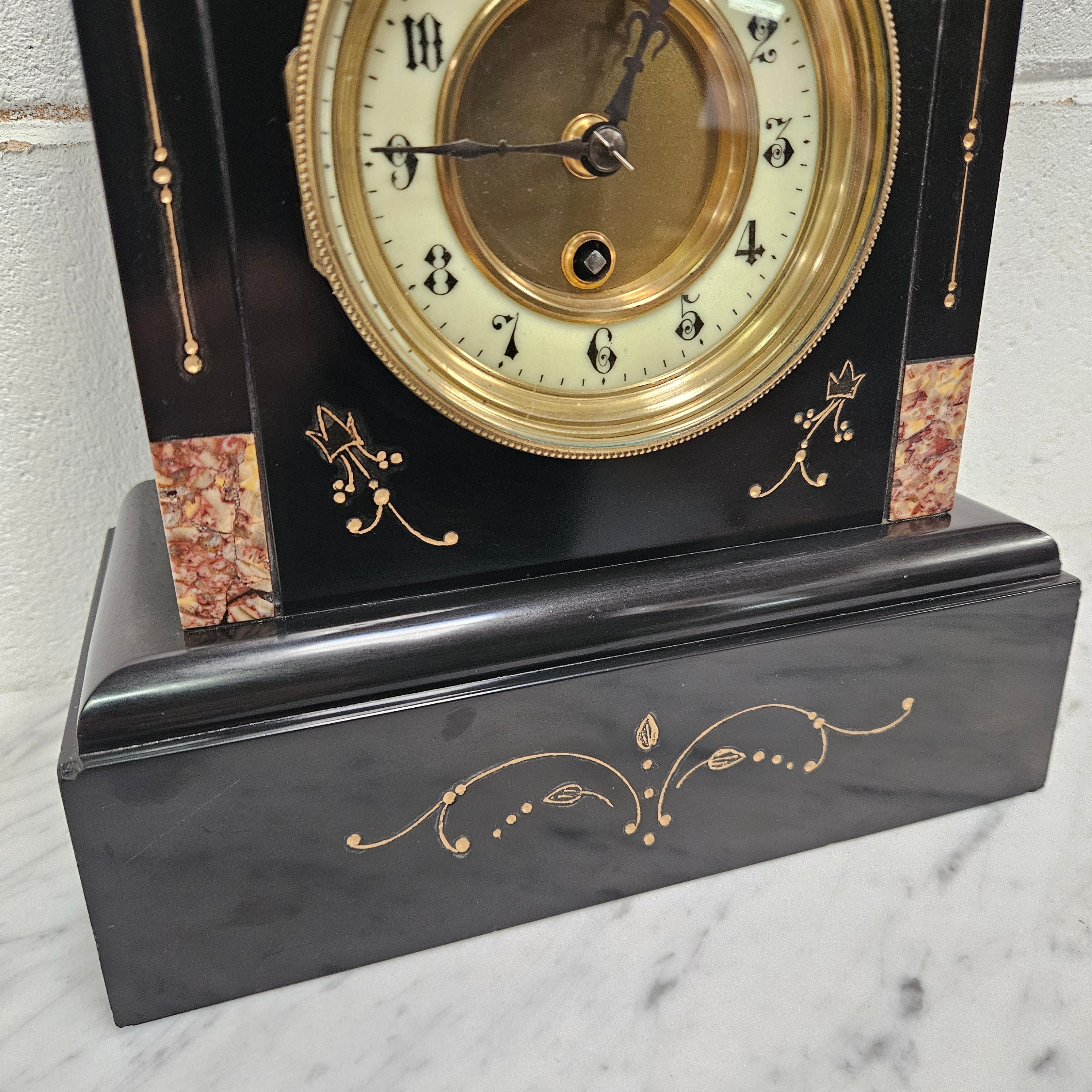 French Inlaid Marble Time Piece Clock Fully Serviced