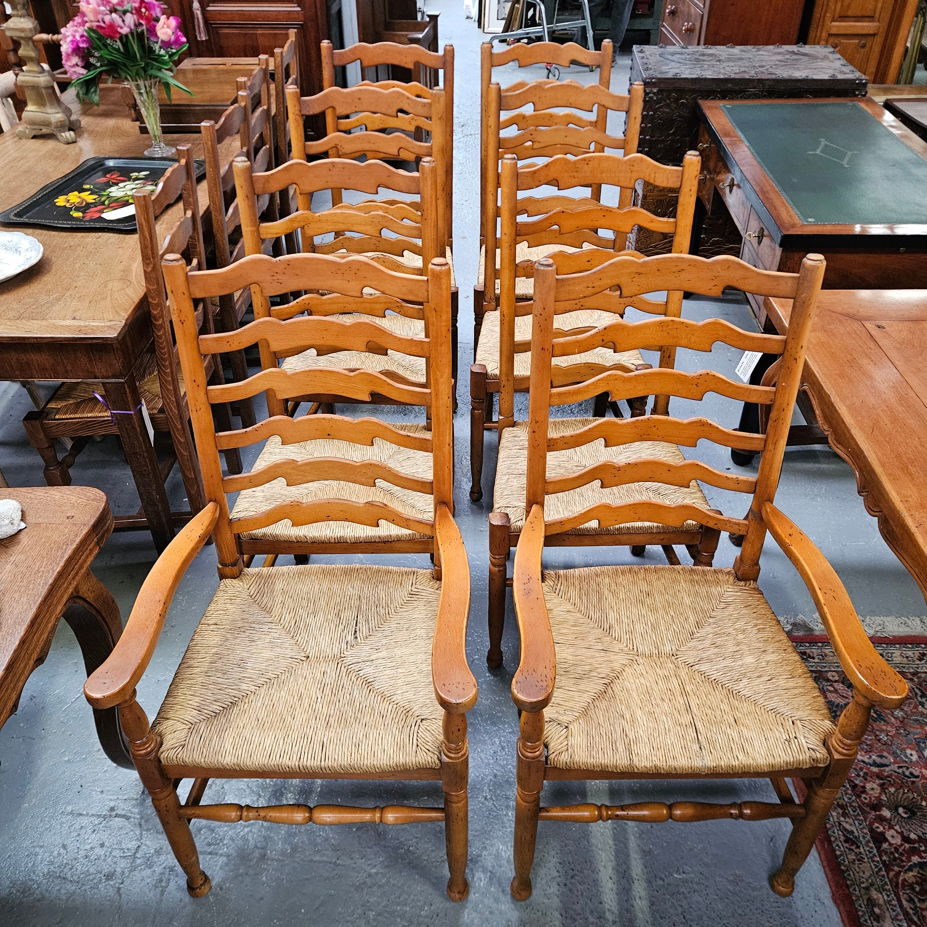 Vintage Set of 8  Beech Wood Ladderback Rush Seated Dining Chairs