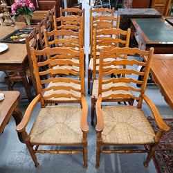 Vintage Set 8 Beech Ladderback Rush Seated Dining Chairs