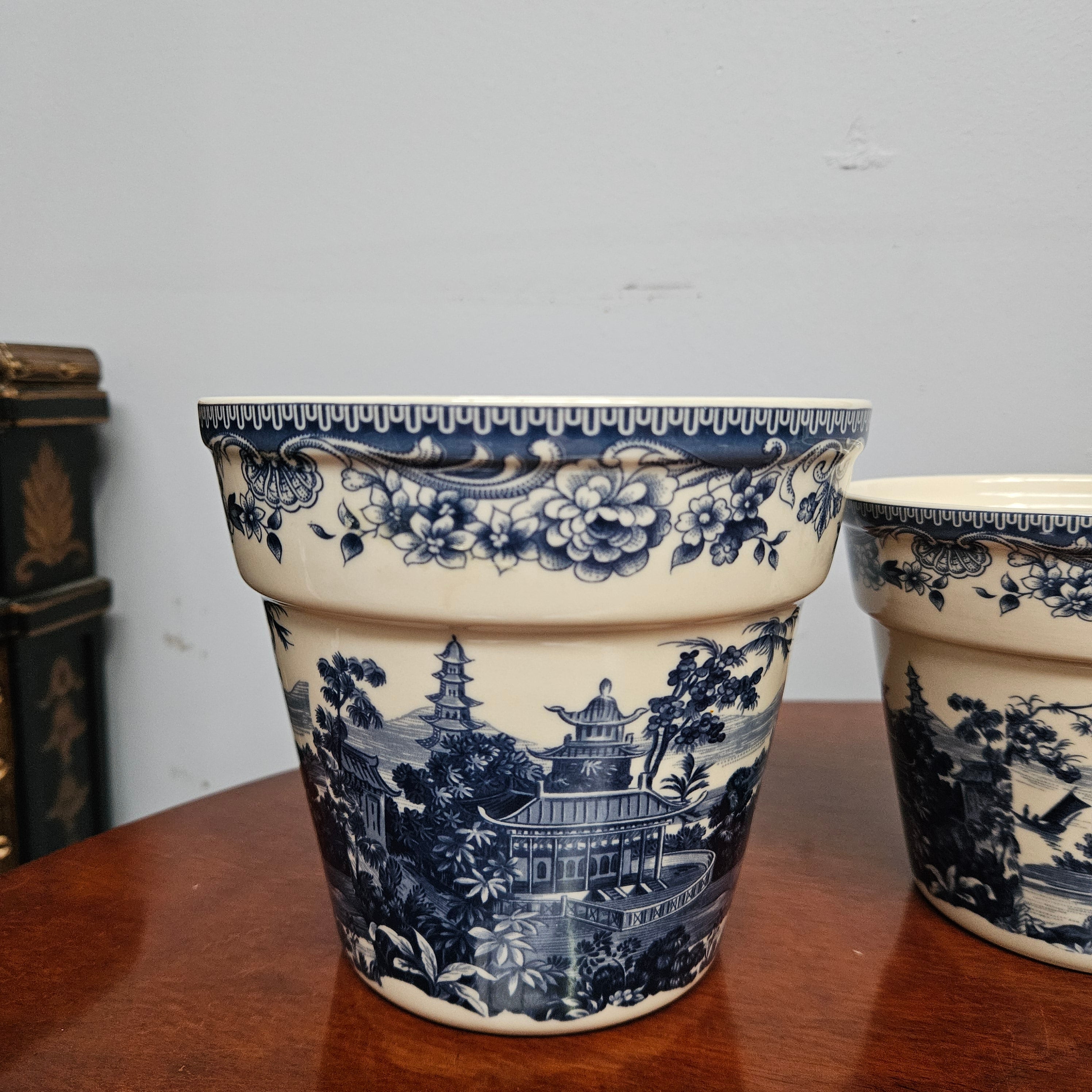 Vintage Set of Three Blue & White Planters