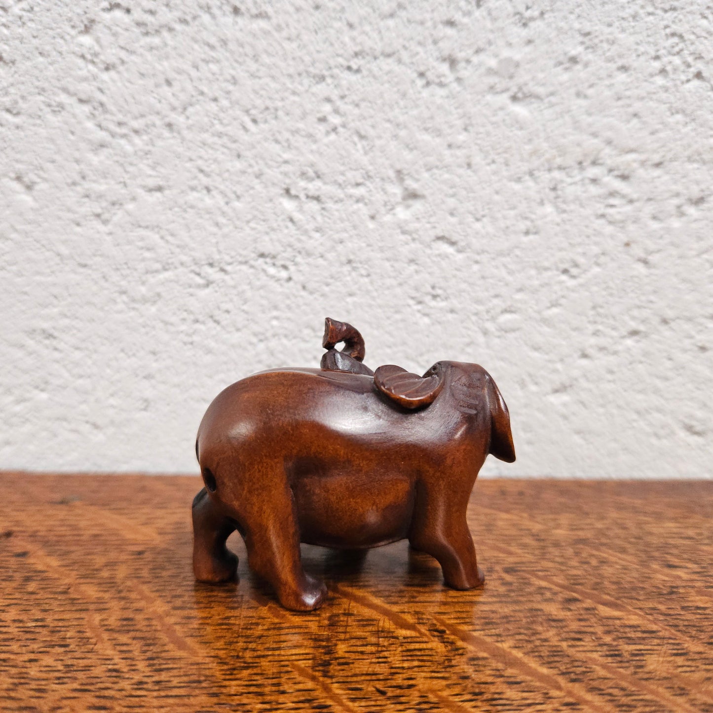 Carved and Signed Wooden Elephant Netsuke