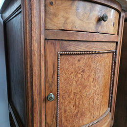 French Figured Burr Walnut & Oak Marble Top Bedside Cabinet