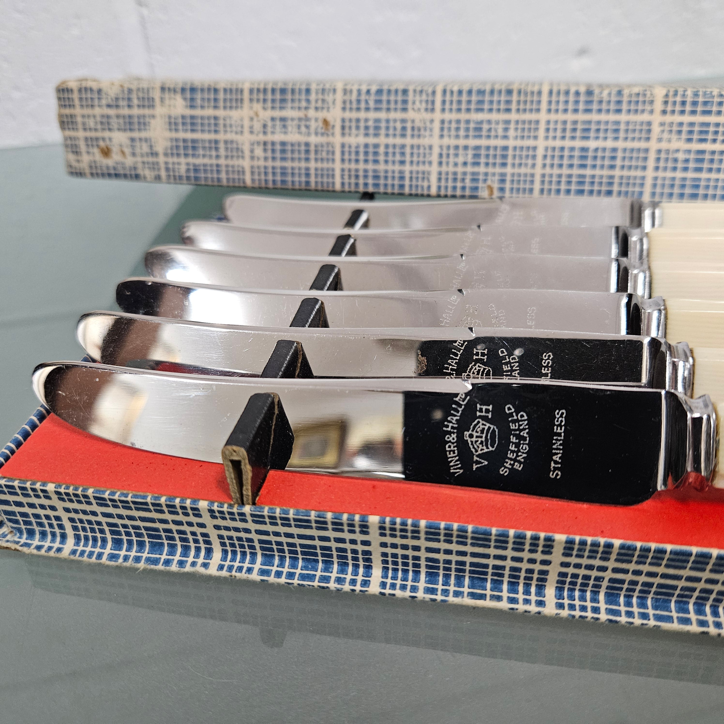 Six Vintage Viner & Hall Sheffield Faux Bone Handled Knives in Original Box | Antique & Vintage | Moonee Ponds Antiques | Australia Wide Delivery