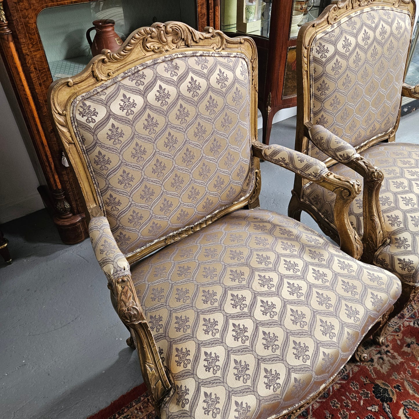 Antique Pair Reupholstered Louis XVth Style Giltwood Armchairs
