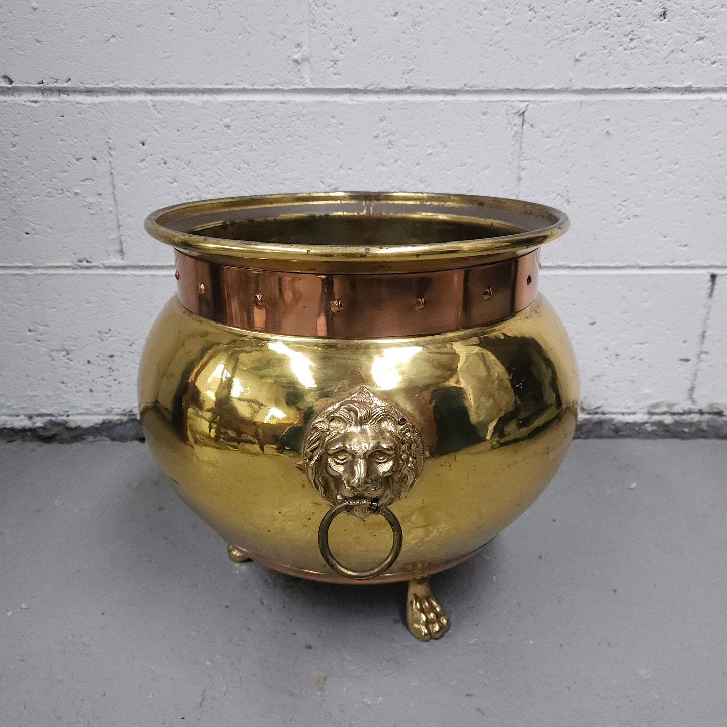 French Brass and Copper Lion Head Jardinière