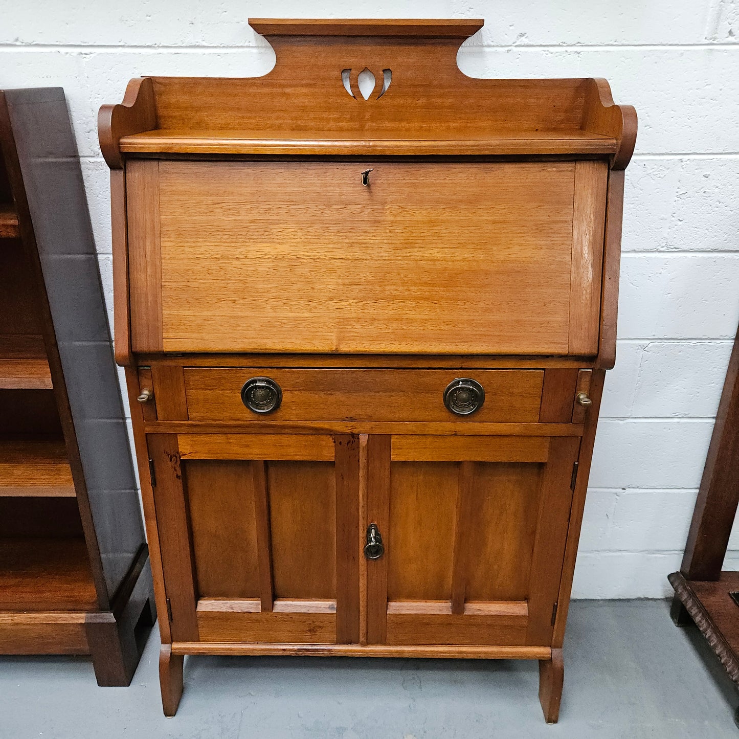 Australian blackwood Arts and Crafts secretaire desk. Sourced locally and in good original detailed condition. 