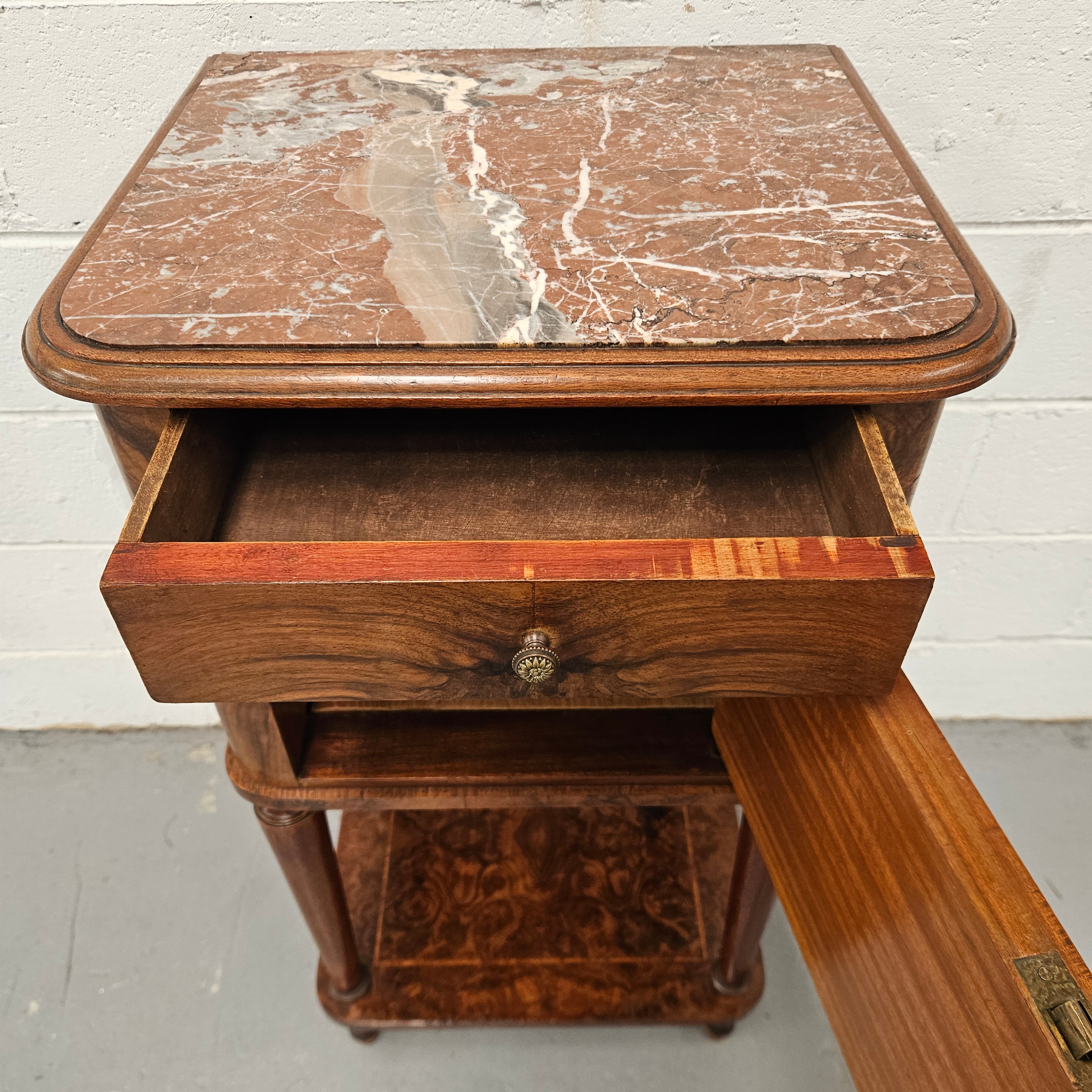 French Figured Walnut Marble Top Bedside | Antique & Vintage | Moonee Ponds Antiques | Australia Wide