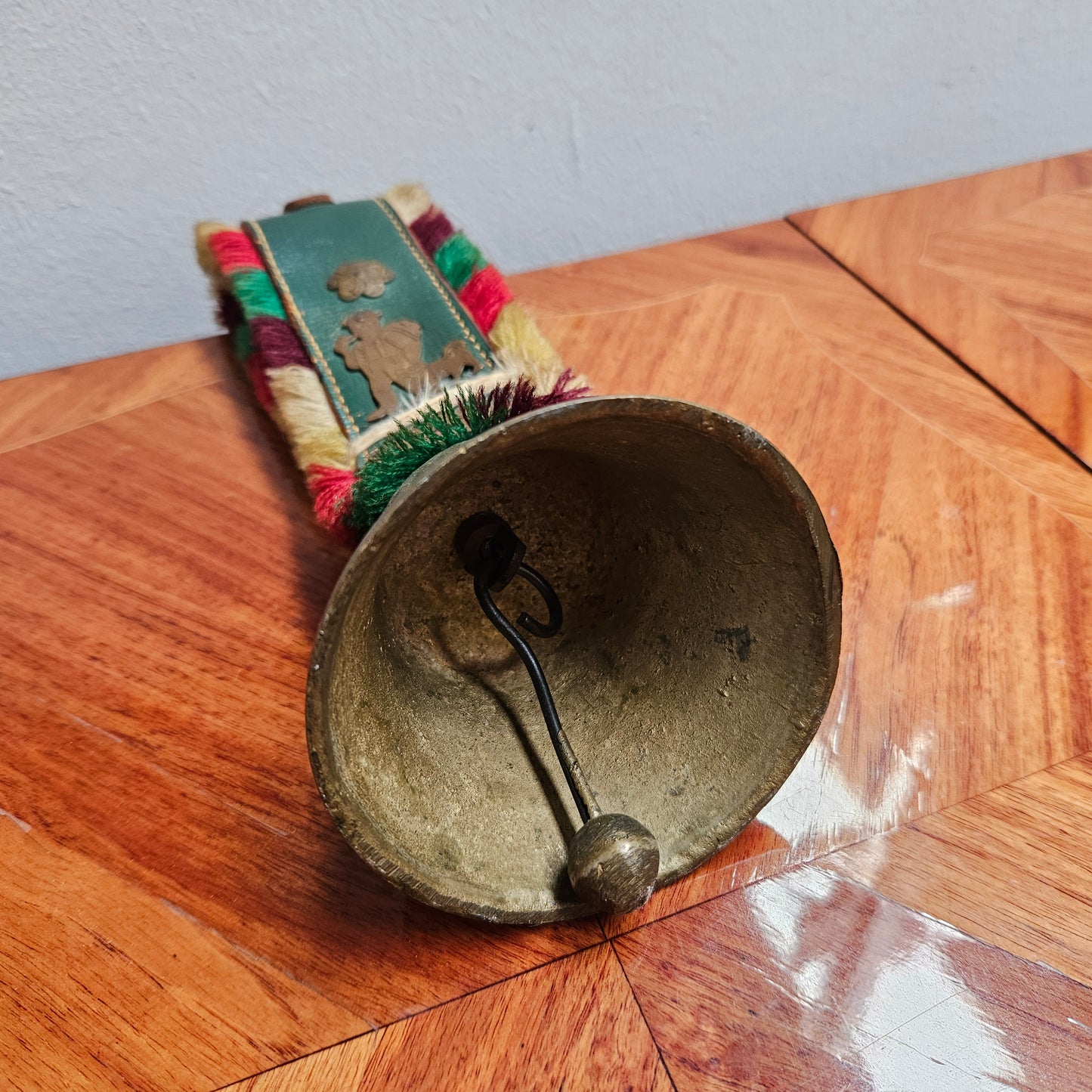 Vintage Cow Or Goat Brass Bell & Fringed Leather Strap