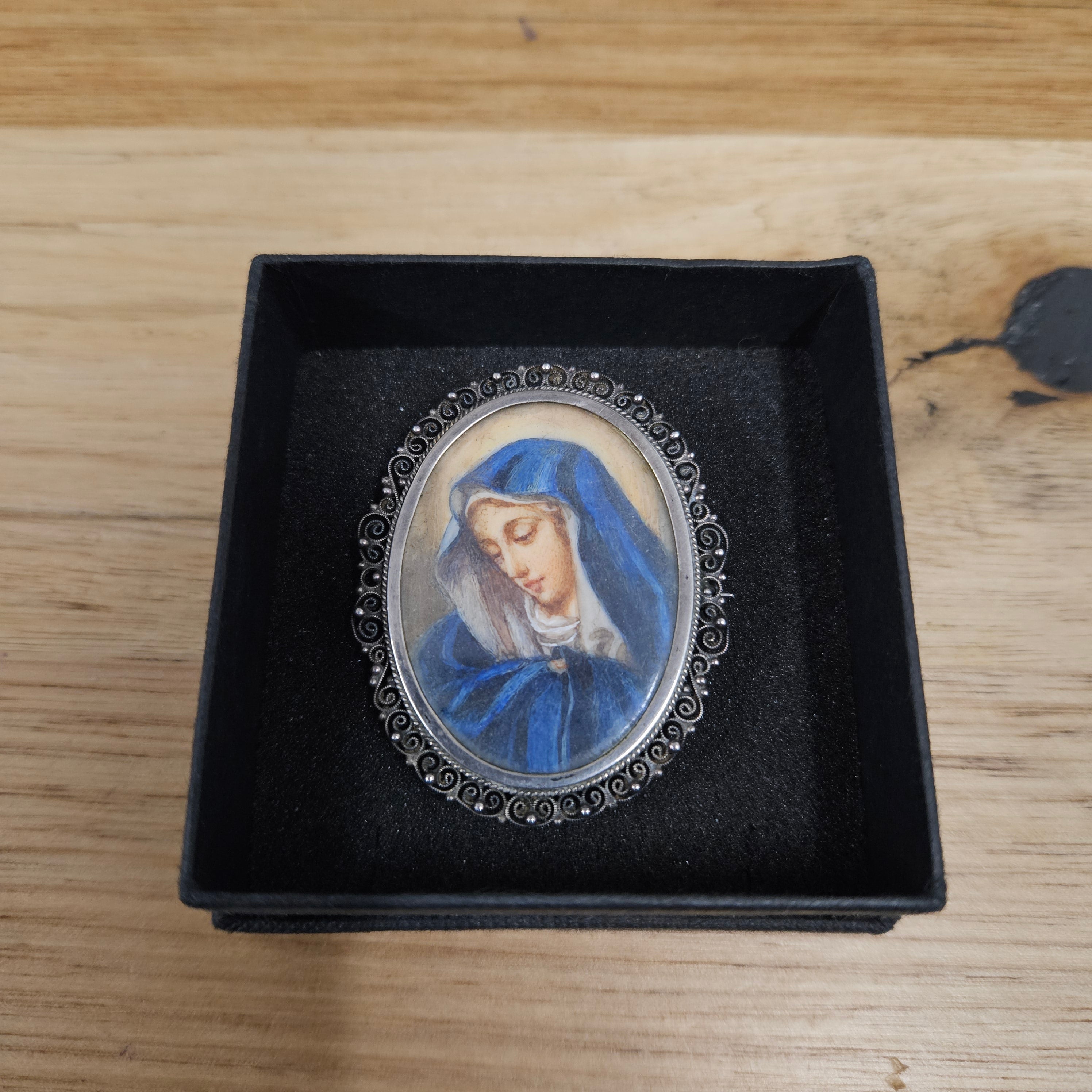 Vintage Hand Painted Portrait Of Our Lady Of Sorrows  In A Silver (800) Frame