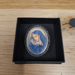 Vintage Hand Painted Portrait Of Our Lady Of Sorrows  In A Silver (800) Frame