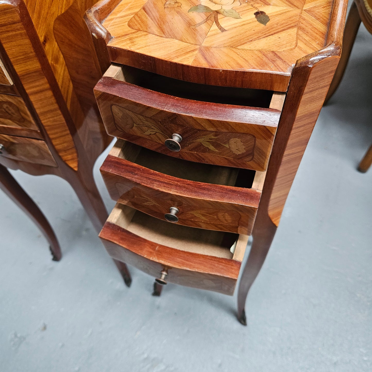 Miniature Pair of Marquetry Inlaid Louis XV Style Bedsides