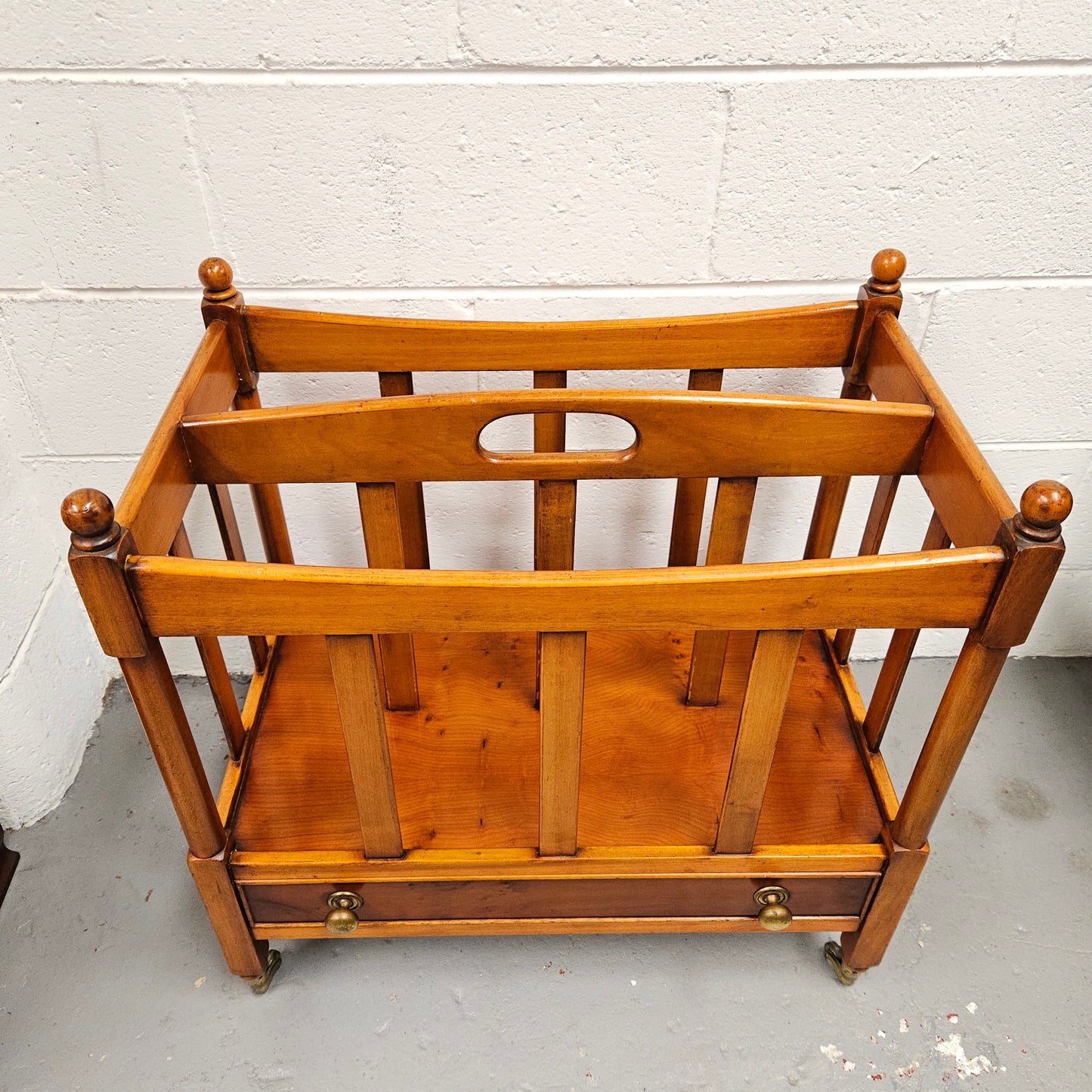 Vintage English Yew Canterbury Newspaper Stand on Brass Wheels