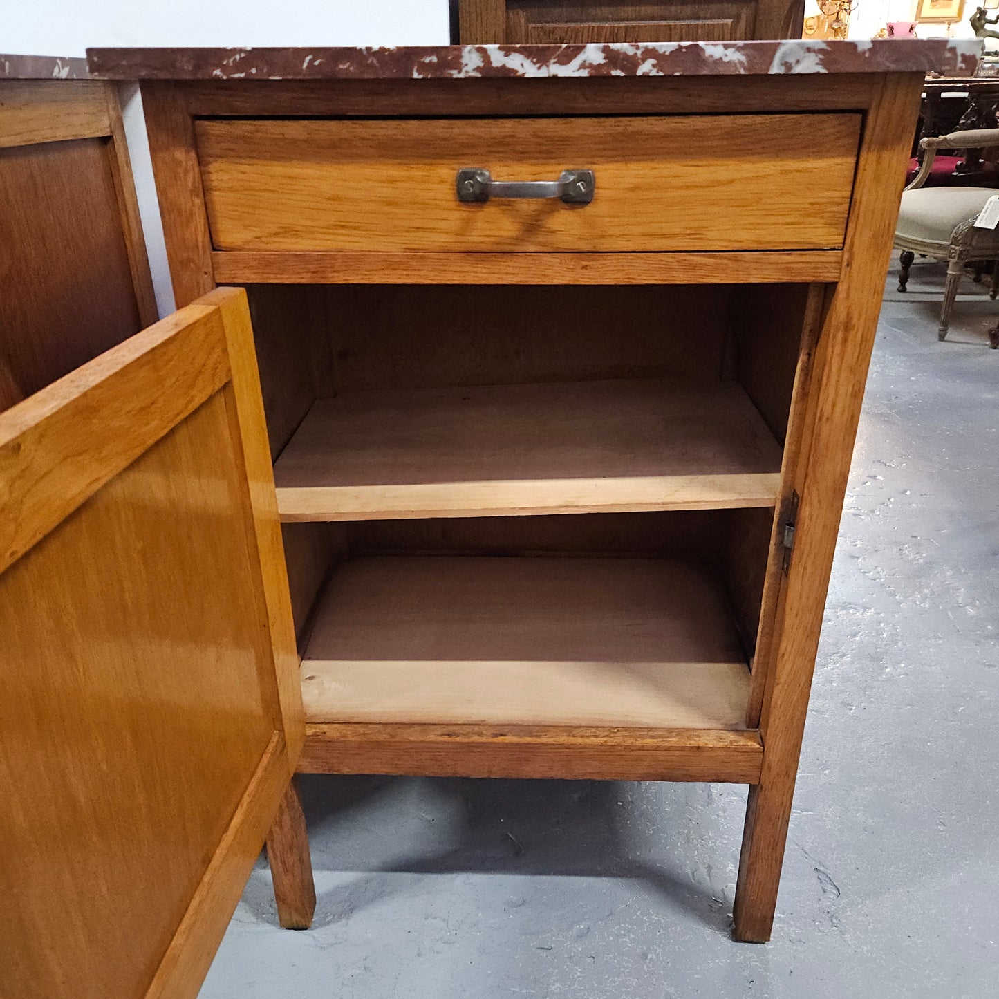 Compact Oak Marble Top Side Cabinet With Drawer