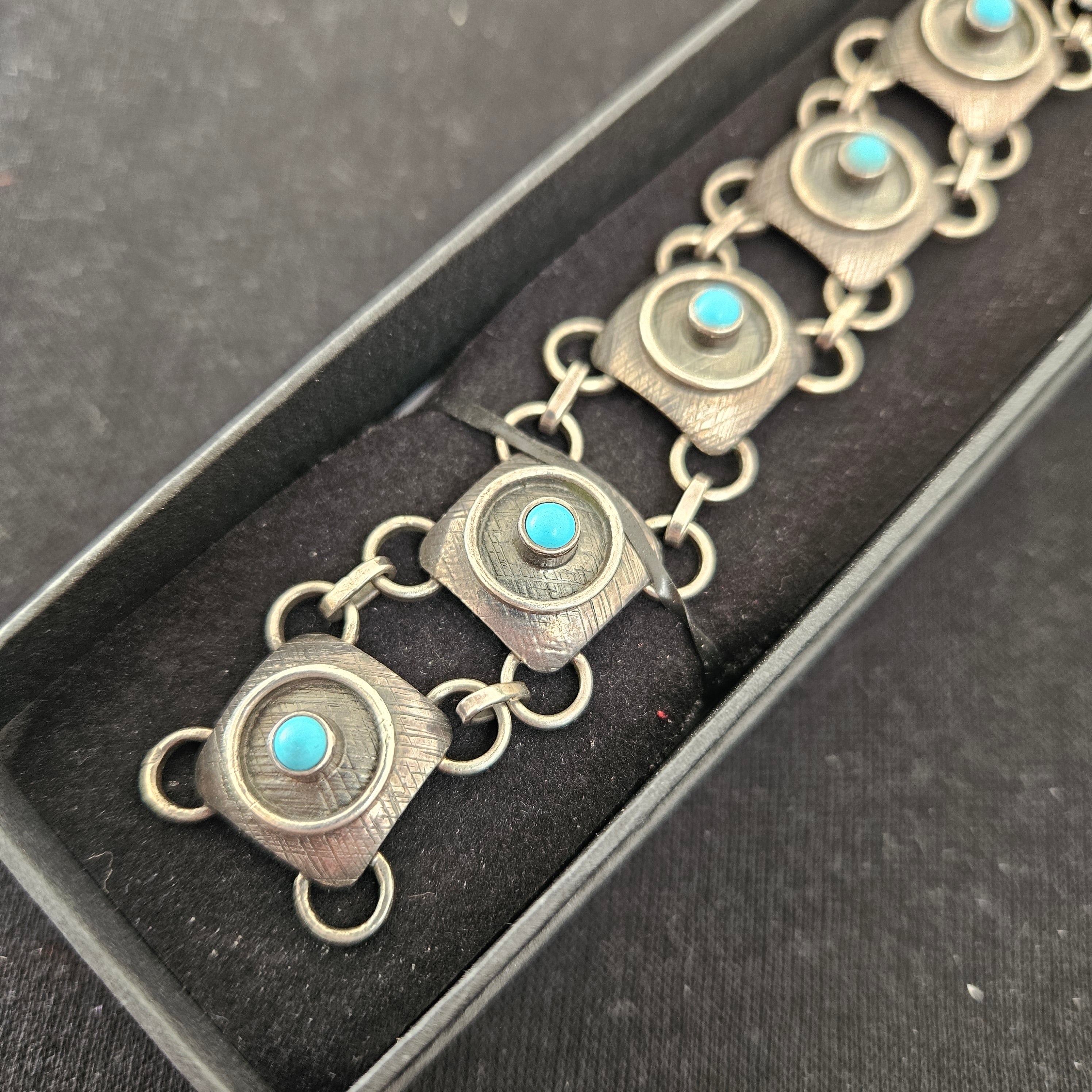 Vintage Silver "800" Modernist Bracelet set with Cabochon Turquoise. Maker ORNO Warsaw.